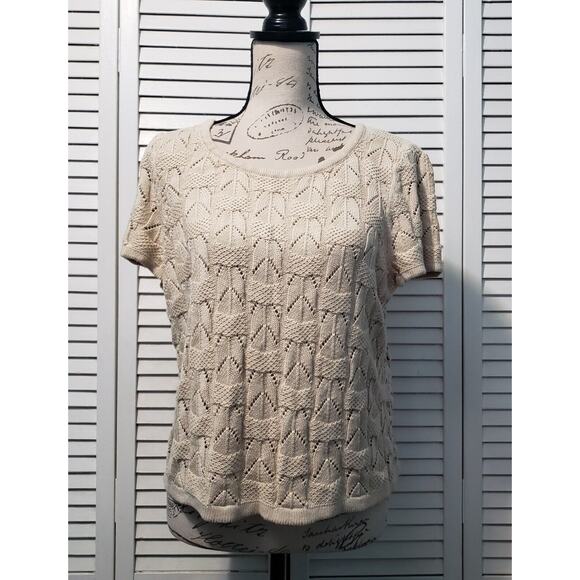 Neiman Marcus Knit Crochet Lace Top Women's Large Beige Cropped Short Sleeve - Picture 1 of 9
